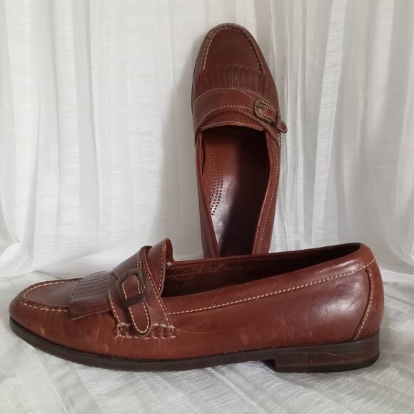 Cole Haan Leather Loafers Men SZ 11.5 Brown Slip On Dress Shoes Buckle Fringe
